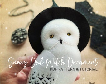 DIY Halloween Decoration, Snowy Owl Witch Ornament PDF Pattern and Tutorial Set for Autumn Fall Halloween Decor, Gift for Owl Lover