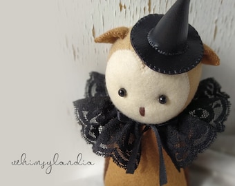 FREE SHIPPING Lenora the Owl Witch Felt Doll, One of a Kind Felt Owl for Halloween Decoration, Collectible for Owl Lovers