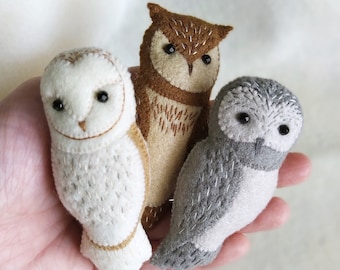 FREE SHIPPING Set of Three Handmade Owl Brooches, Embroidered Felt Owl Brooches with Discount, Owl Gifts, Owl Jewelry Set