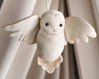 FREE SHIPPING Flying Barn Owl Felt Ornament for Winter Holiday Themed Decoration, Collectible Felt Owl with Wings Baby Mobile Nursery Decor