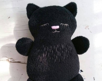 READY TO SHIP Sleepy Black Kitty Cat Plushie, Cute Cat Softie Cuddly Baby Toy, Cat Plush for Nursery Decor