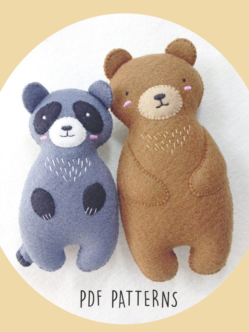 Woodland Animals Felt Softie Baby Toys Sewing Patterns PDF, Bear and Raccoon Ornaments Woodland Friends Soft Toys for Nursery Decor image 2