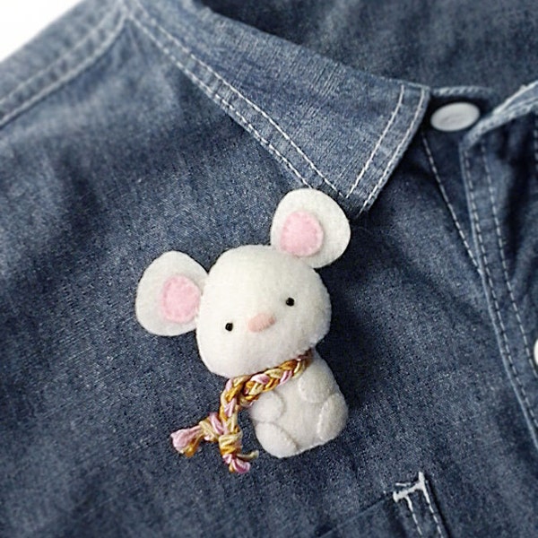 White Mouse Felt Brooch, Handmade OOAK, Whimsical Animal Brooch