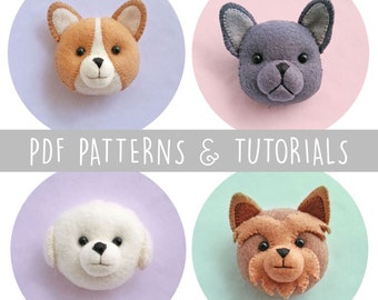 BUY 3 GET 1 FREE Set of 4 Pdf Patterns Tutorial for Felt Dog Brooches, Handmade Gifts for Dog and Pet Lovers