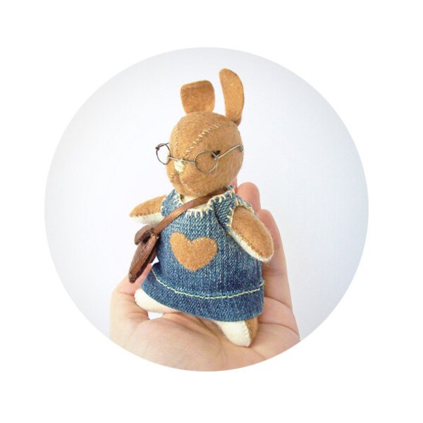 Folk Art Rabbit, Miniature OOAK Felt Bunny Rabbit Doll, Whimsical Soft Sculpture, Katie the Bookworm