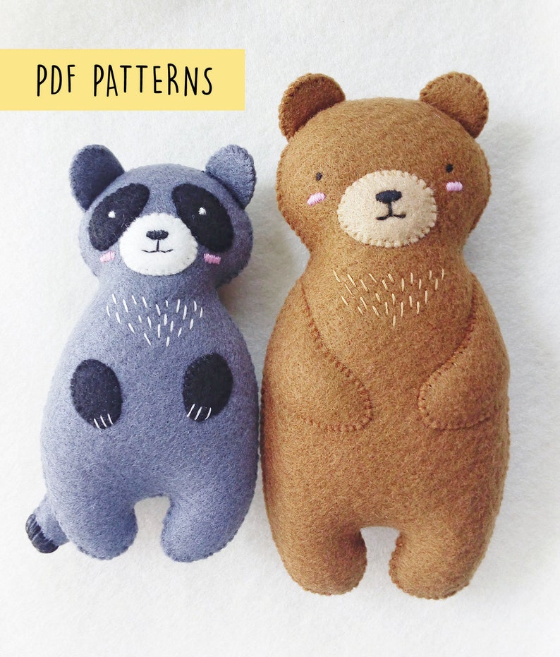 Woodland Animals Felt Softie Baby Toys Sewing Patterns PDF, Bear and Raccoon Ornaments Woodland Friends Soft Toys for Nursery Decor image 1