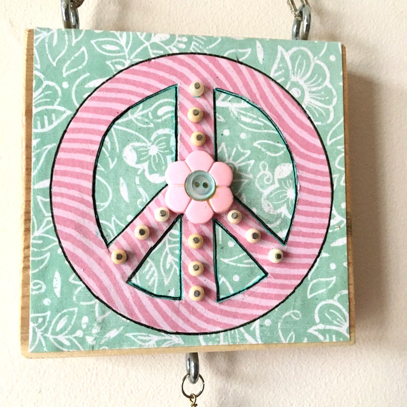 PEACE SIGN Wooden Block Boho Retro Wall Hanging Nursery Decor