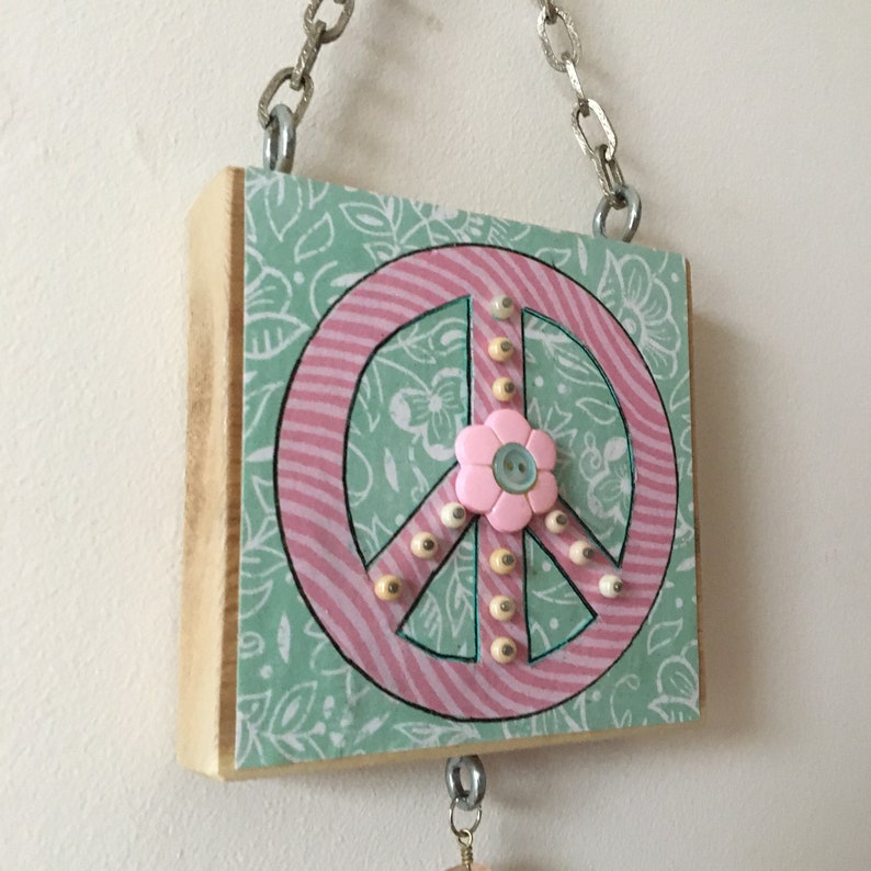 PEACE SIGN Wooden Block Boho Retro Wall Hanging Nursery Decor