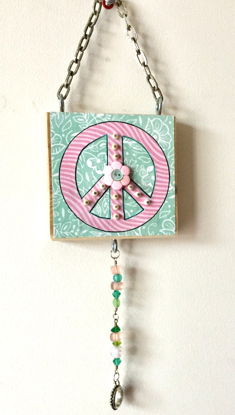 PEACE SIGN Wooden Block Boho Retro Wall Hanging Nursery Decor