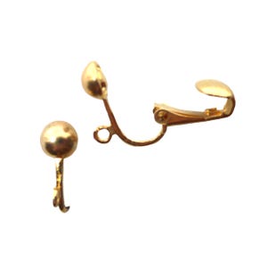 May include: Two gold-colored clip-on earring components. Each component features a small, round ball at the top, connected to a curved arm. One component has a hinged clip, while the other has a loop.