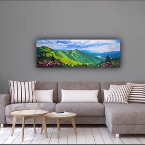 BEAUTIFUL BLUERIDGE DAY mountain painting art, original oil,  panoramic view, large original wall art, smoky mountain range, 20x60