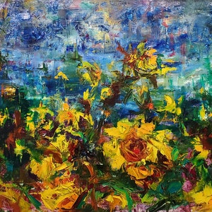 SUNFLOWER FIELD, original oil painting, impressionist, wall art, colorful canvas painting, floral art, sunflowers, kife texture 18x36 canvas