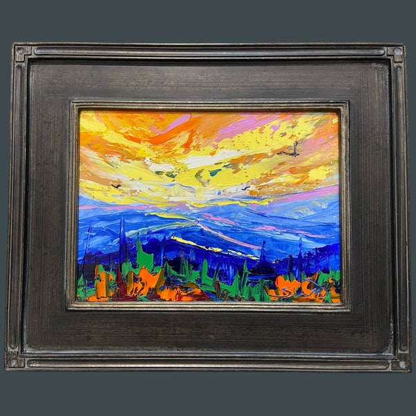 BLUERIDGE SUNSET, original oil painting, canvas art, landscape art, mountains, framed art, blue ridge mountains, North Carolina