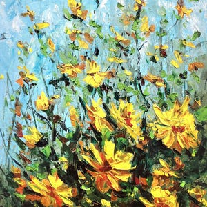 SUNFLOWER FIELD, original oil painting, impressionist, wall art, colorful canvas painting, floral art, sunflowers, kife texture 18x36 canvas