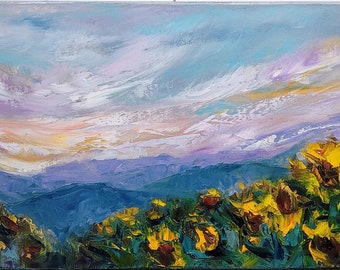 SUNFLOWER FIELD on BLUERIDGE, original oil painting, canvas art, landscape art, impressionist, abstract, mountains, colorful, sunflowers