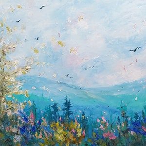 Pastel Blue Ridge dream spring summer trees, mountain art, blue ridge mountains, large original wall art large canvas, mountain range, 20x60
