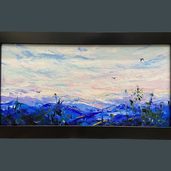 BLUERIDGE MORNING, original oil painting, impressionist, wall art, colorful canvas painting, blue ridge mountains, 30x48