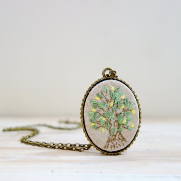 Lemon Tree Embroidered Necklace. Cream Beige Oval Pendant Necklace. Hand Embroidered Fruit Tree Jewelry. Lemons and Green Leaves.