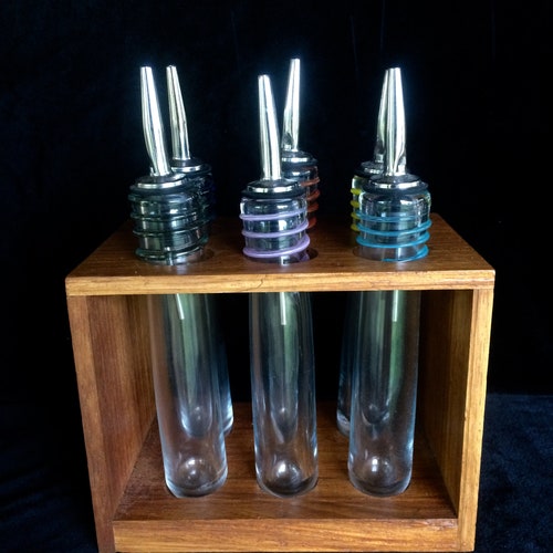Vintage ~ SET of Glass Retro Bottles with Pourers ~ Wood shops Tray ~ Vintage Barware ~