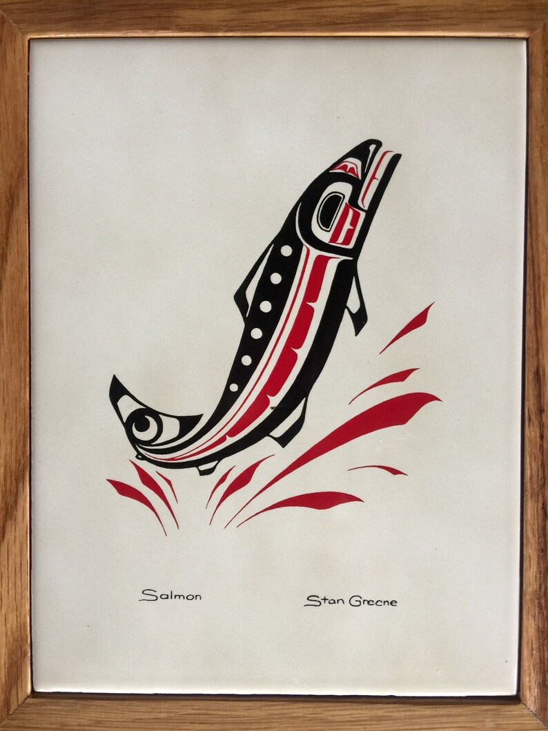 Vintage ~ Stan Greene Salmon ~ Tile Wooden Box ~ Pacific NW Native American Indian Art ~