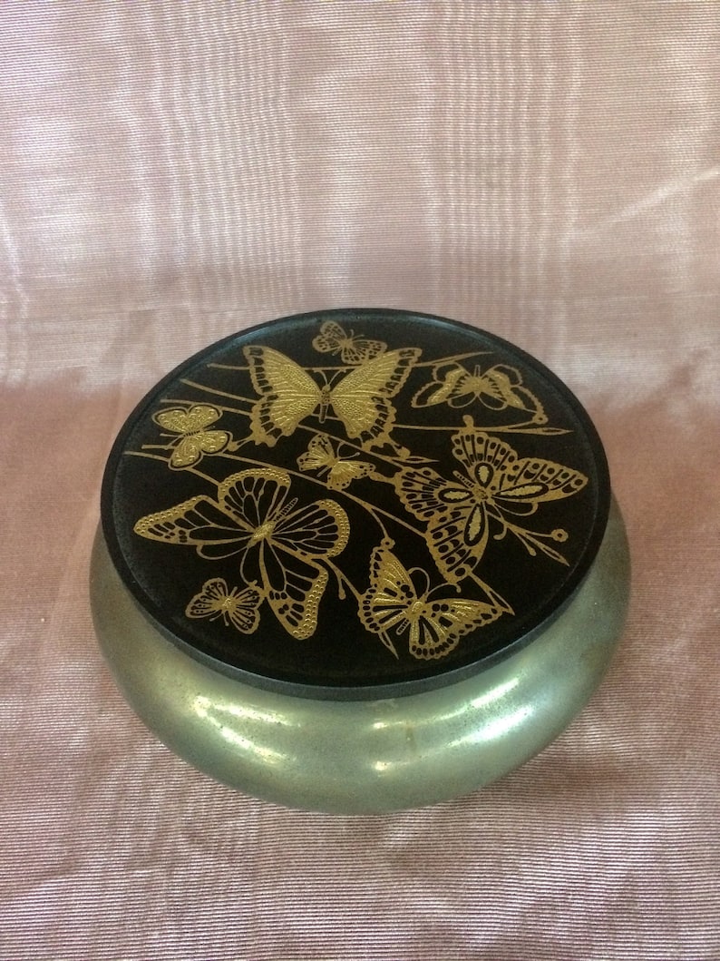 Vintage 1950s ~ Brass Trinket Box ~ Golden Embossed Butterflies ~