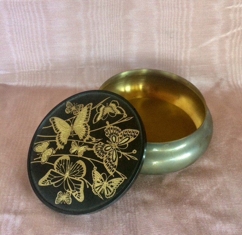 Vintage 1950s ~ Brass Trinket Box ~ Golden Embossed Butterflies ~