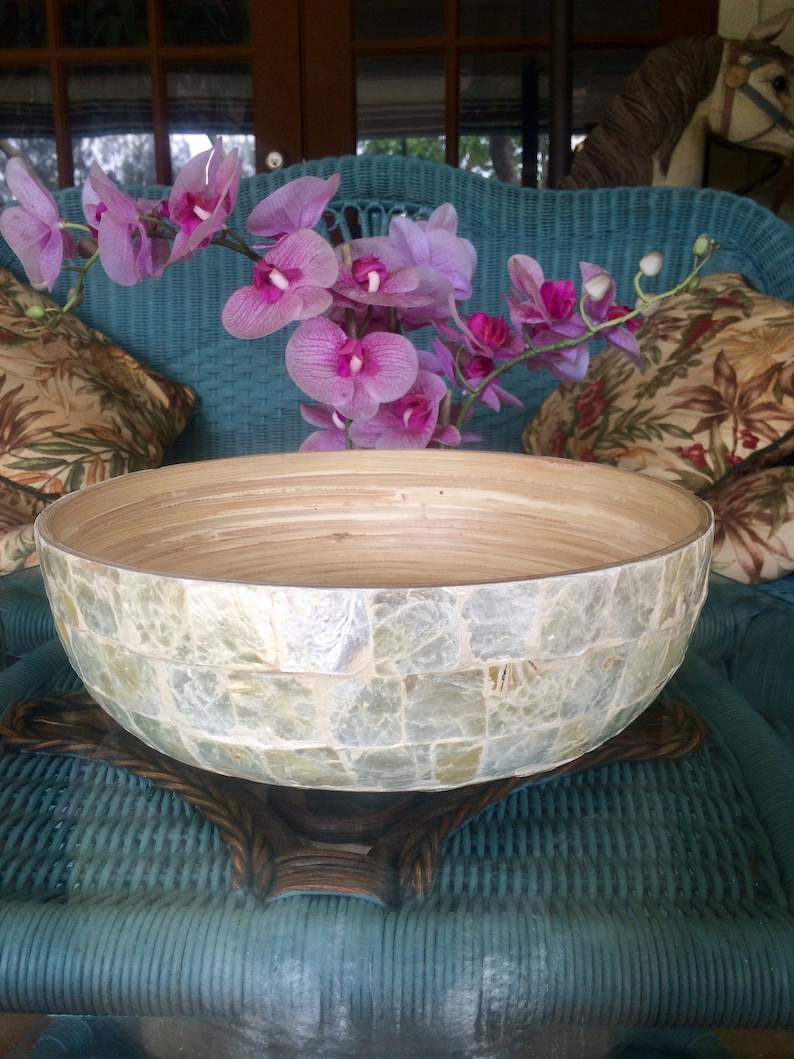 Vintage ~ Mid Century 1950s ~ Natural Brick Tiled Capiz Shell and Mother Of Pearl Decorative Bowl ~ Handcrafted ~ Art Deco ~