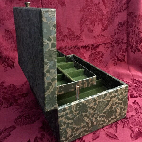 Vintage ~ 1960s ~ Lady Buxton Jewelry Box ~ Tiered Green Floral ~ Brass Hardware ~