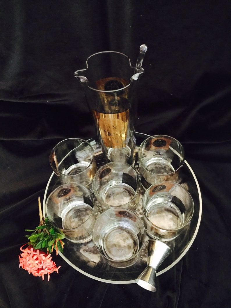 6 Coin Rocks Glasses Stir Stick Hollywood Regency CERA Gold Coin 10 Piece Cocktail Set ~ Coin Pitcher Decanter Tray /& Double Jigger