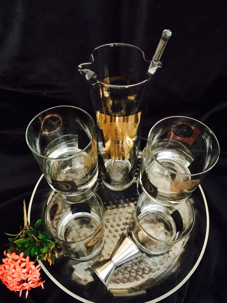 6 Coin Rocks Glasses Stir Stick Hollywood Regency CERA Gold Coin 10 Piece Cocktail Set ~ Coin Pitcher Decanter Tray /& Double Jigger