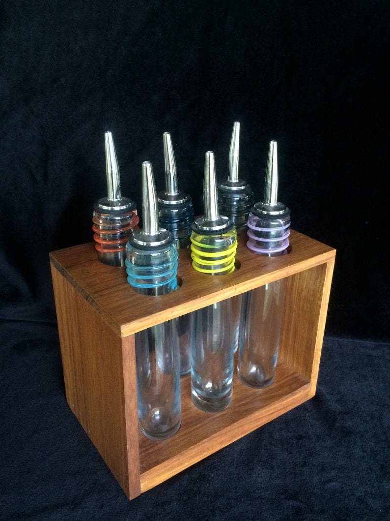 Vintage ~ SET of Glass Retro Bottles with Pourers ~ Wood shops Tray ~ Vintage Barware ~