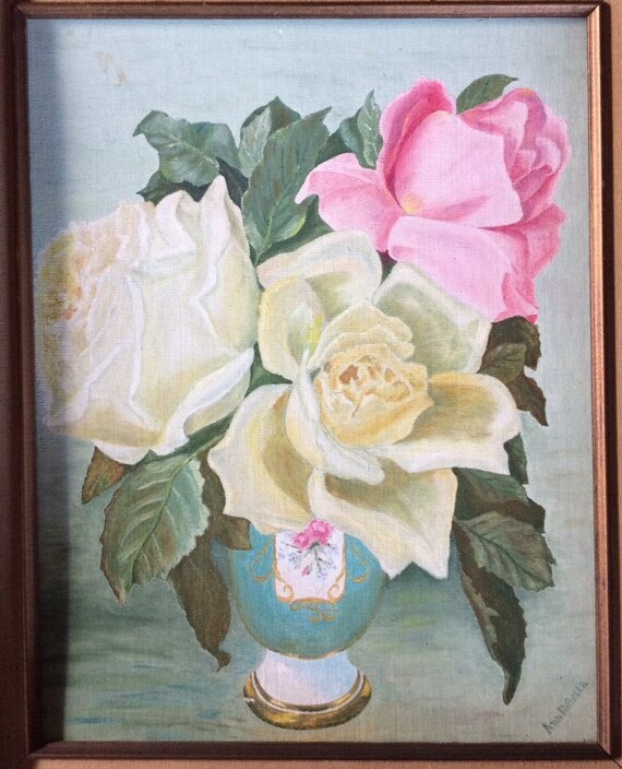 Vintage 1960s Pink And Yellow Roses In A Vase Painted By Etsy