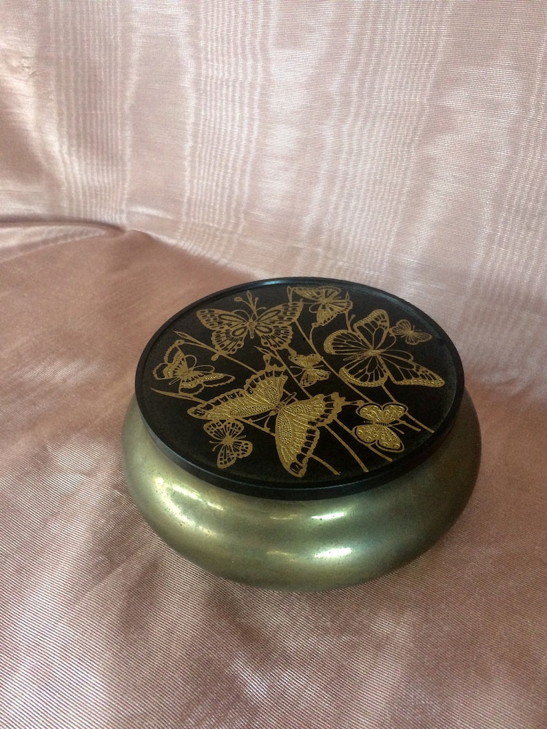 Vintage 1950s ~ Brass Trinket Box ~ Golden Embossed Butterflies ~