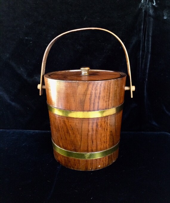 Vintage Mid Century 1960s Solid Wood Ice Bucket With Plastic Liner Barrel Like Wrapped 2 Metal Straps Handle Pivots