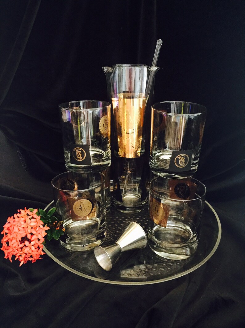 6 Coin Rocks Glasses Stir Stick Hollywood Regency CERA Gold Coin 10 Piece Cocktail Set ~ Coin Pitcher Decanter Tray /& Double Jigger