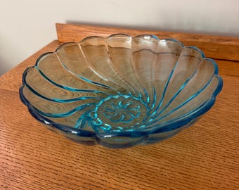 Vintage Hazel Atlas Glass Bowl Dish Capri Azure Blue Swirl Seashell 9"