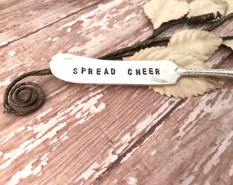 Cheese knives, handstamped knives, "Spread Cheer" cheese spreaders, Holiday sayings, Neighbor gifts, Perfect for holiday parties,