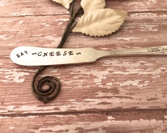 Cheese knives, handstamped knives, "Say Cheese" cheese spreaders, Holiday sayings, Neighbor gifts, Perfect for holiday parties,