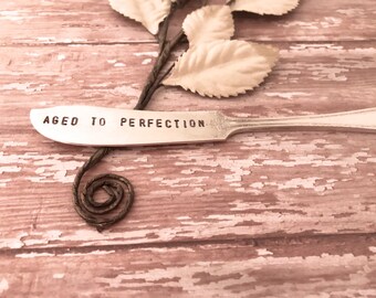 Cheese knives, handstamped knives, "Aged to Perfection" cheese spreaders, Holiday sayings, Neighbor gifts, Perfect for holiday parties,