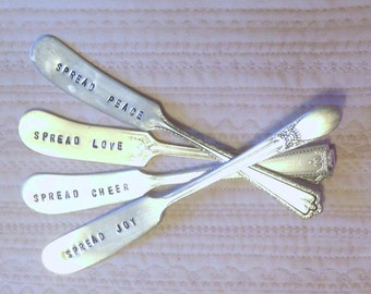 Cheese knives, handstamped butter knives, customizable chees spreaders, Holiday sayings, Neighbor gifts, Perfect for holiday parties,