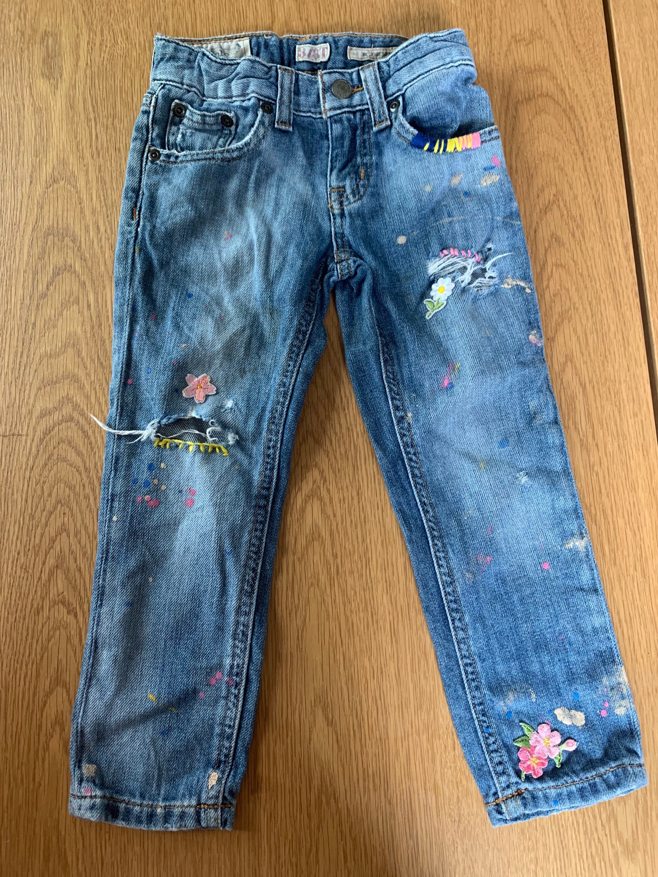 Polo Ralph Lauren Girls Toddler Girl Distressed Jeans Ripped Destroyed  Upcycled 3t Girls Denim Rips Paint Splatter Flower Embroidery Boho 