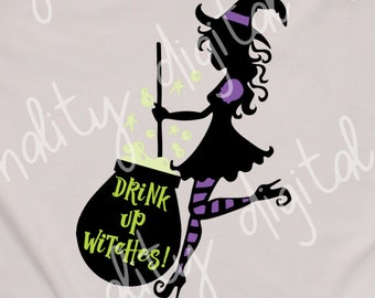 Streghe da bere, strega di Halloween con calderone, immagine a sublimazione, PNG trasparente, design PNG