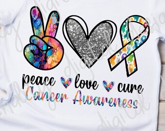 Peace Love CURE, Cancer Awareness, sublimation image, transparent PNG, screen print, POD