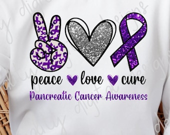 Peace Love CURE, Pancreatic Cancer Awareness, purple ribbon, sublimation image, transparent PNG, screen print, POD