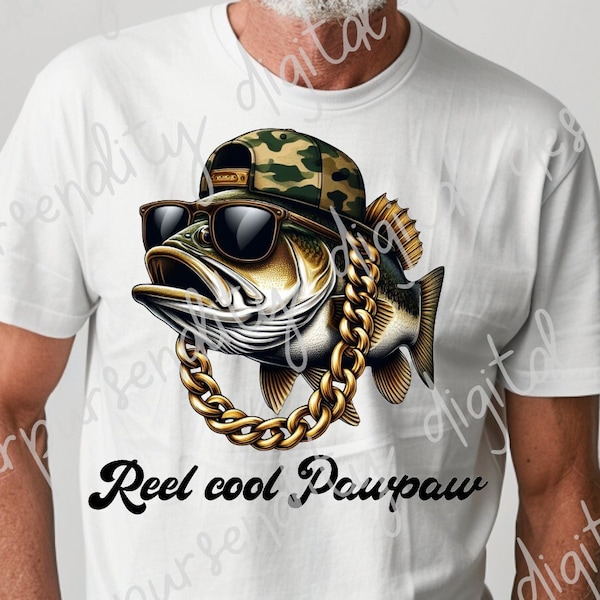 Reel cool dad, papa, pop, 10 names, bass with sunglasses, backwards cap, and big gold chain, png design, Father's Day design