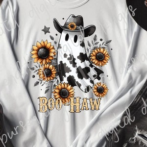 Boo-Haw, cowboy ghost, cow print, Halloween, sublimation design, transparent PNG