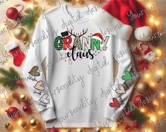Oma Claus mit 10 Herzen für die Ärmel für Namen, Weihnachtsdesign, Sublimationsdesign, transparentes PNG, Feiertagstransfer
