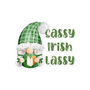 May include: A watercolor illustration of a gnome with a green plaid hat and beard, and the text "Cassy Irish Lassy" in green. The gnome has a peach-colored nose and cheeks, and white hair.
