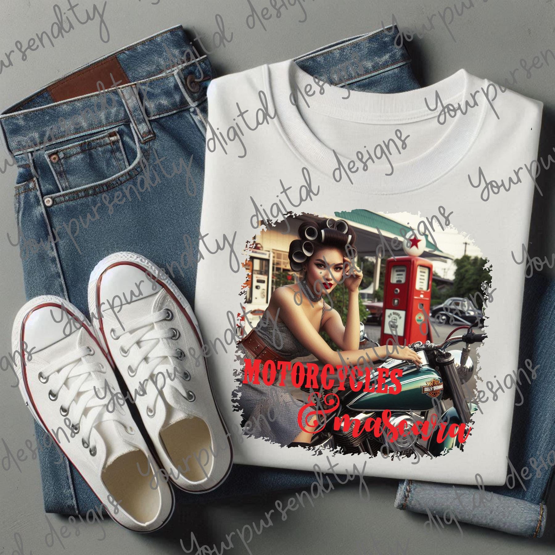 Motorcycles and mascara, sublimation design, transparent PNG, retro housewife, sublimation sign, digital design, made in America, pinup girl