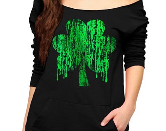 ST PATRICKS Day - Foil Grunge Shamrock -Slouchy Sweater with pocket - Ladies Sweater - Irish Shirt - Womens - Black - s - 3x